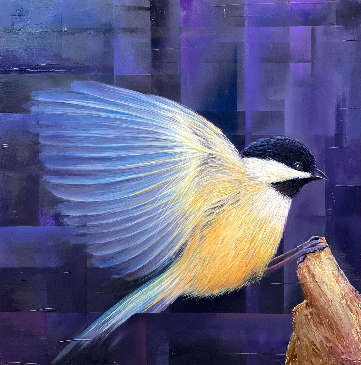 Chickadee painting oil on wood panel by Shawn Dixon