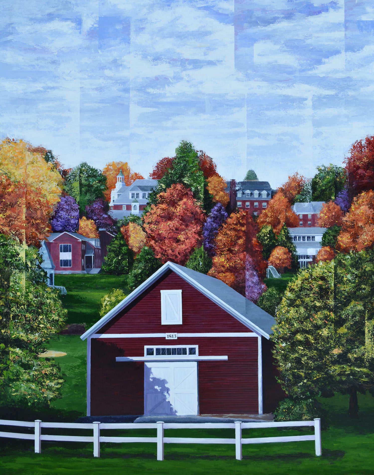 Painting of Kimball Barn located at Kimball Union Academy in Meriden NH with the school campus in the background on the hilltop